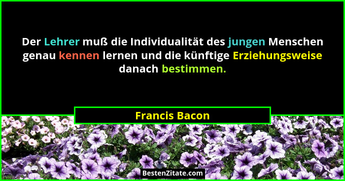 Der Lehrer muß die Individualität des jungen Menschen genau kennen lernen und die künftige Erziehungsweise danach bestimmen.... - Francis Bacon
