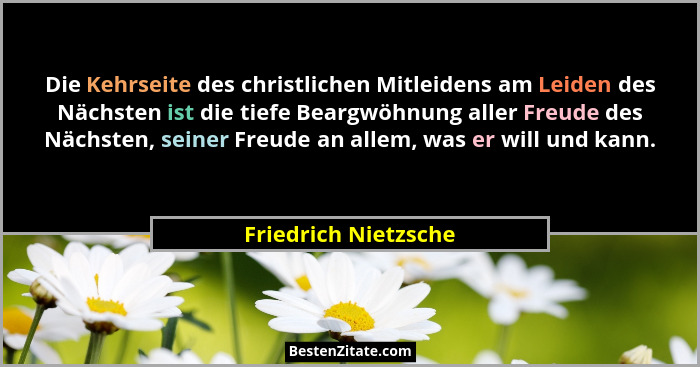 Die Kehrseite des christlichen Mitleidens am Leiden des Nächsten ist die tiefe Beargwöhnung aller Freude des Nächsten, seiner Fr... - Friedrich Nietzsche