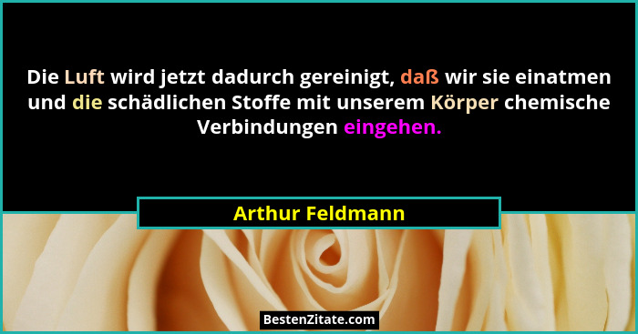 Die Luft wird jetzt dadurch gereinigt, daß wir sie einatmen und die schädlichen Stoffe mit unserem Körper chemische Verbindungen ein... - Arthur Feldmann