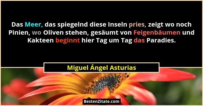 Das Meer, das spiegelnd diese Inseln pries, zeigt wo noch Pinien, wo Oliven stehen, gesäumt von Feigenbäumen und Kakteen begin... - Miguel Ángel Asturias