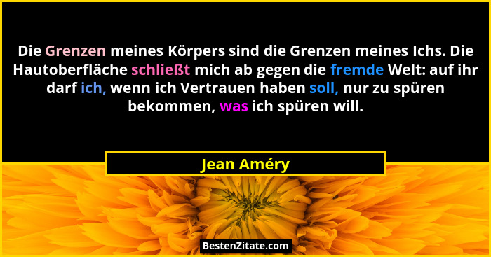 Die Grenzen meines Körpers sind die Grenzen meines Ichs. Die Hautoberfläche schließt mich ab gegen die fremde Welt: auf ihr darf ich, wen... - Jean Améry