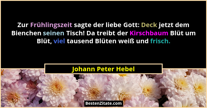 Zur Frühlingszeit sagte der liebe Gott: Deck jetzt dem Bienchen seinen Tisch! Da treibt der Kirschbaum Blüt um Blüt, viel tausend... - Johann Peter Hebel