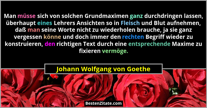 Man müsse sich von solchen Grundmaximen ganz durchdringen lassen, überhaupt eines Lehrers Ansichten so in Fleisch und Blu... - Johann Wolfgang von Goethe