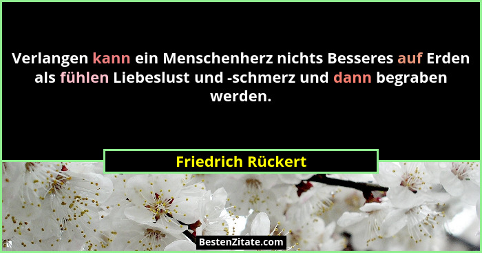 Verlangen kann ein Menschenherz nichts Besseres auf Erden als fühlen Liebeslust und -schmerz und dann begraben werden.... - Friedrich Rückert