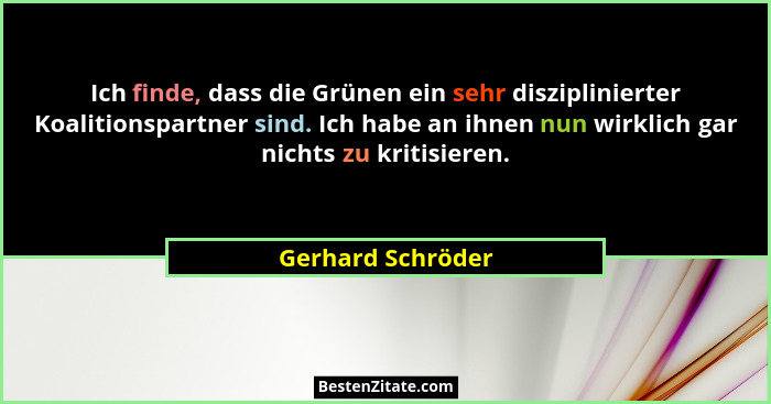 Ich finde, dass die Grünen ein sehr disziplinierter Koalitionspartner sind. Ich habe an ihnen nun wirklich gar nichts zu kritisiere... - Gerhard Schröder