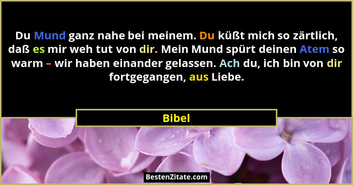 Du Mund ganz nahe bei meinem. Du küßt mich so zärtlich, daß es mir weh tut von dir. Mein Mund spürt deinen Atem so warm – wir haben einander g... - Bibel