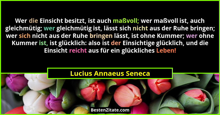 Wer die Einsicht besitzt, ist auch maßvoll; wer maßvoll ist, auch gleichmütig; wer gleichmütig ist, lässt sich nicht aus der R... - Lucius Annaeus Seneca
