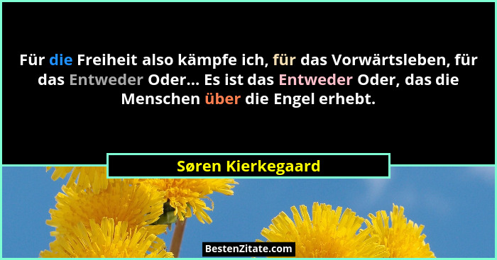 Für die Freiheit also kämpfe ich, für das Vorwärtsleben, für das Entweder Oder... Es ist das Entweder Oder, das die Menschen über... - Søren Kierkegaard