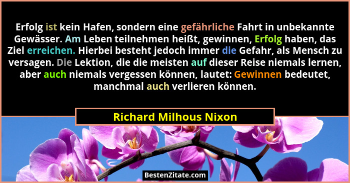 Erfolg ist kein Hafen, sondern eine gefährliche Fahrt in unbekannte Gewässer. Am Leben teilnehmen heißt, gewinnen, Erfolg habe... - Richard Milhous Nixon