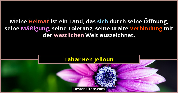 Meine Heimat ist ein Land, das sich durch seine Öffnung, seine Mäßigung, seine Toleranz, seine uralte Verbindung mit der westliche... - Tahar Ben Jelloun