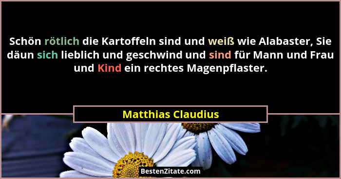 Schön rötlich die Kartoffeln sind und weiß wie Alabaster, Sie däun sich lieblich und geschwind und sind für Mann und Frau und Kind... - Matthias Claudius