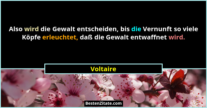 Also wird die Gewalt entscheiden, bis die Vernunft so viele Köpfe erleuchtet, daß die Gewalt entwaffnet wird.... - Voltaire