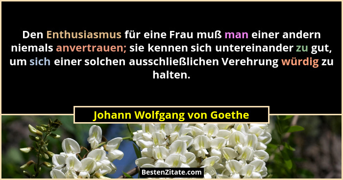 Den Enthusiasmus für eine Frau muß man einer andern niemals anvertrauen; sie kennen sich untereinander zu gut, um sich ei... - Johann Wolfgang von Goethe