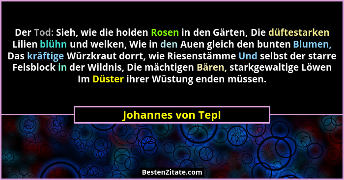 Der Tod: Sieh, wie die holden Rosen in den Gärten, Die düftestarken Lilien blühn und welken, Wie in den Auen gleich den bunten Blu... - Johannes von Tepl