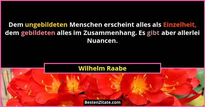 Dem ungebildeten Menschen erscheint alles als Einzelheit, dem gebildeten alles im Zusammenhang. Es gibt aber allerlei Nuancen.... - Wilhelm Raabe