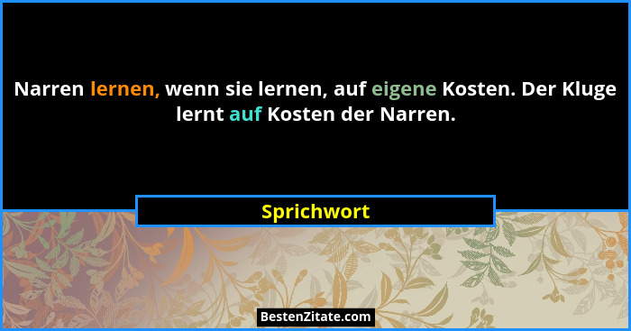 Narren lernen, wenn sie lernen, auf eigene Kosten. Der Kluge lernt auf Kosten der Narren.... - Sprichwort