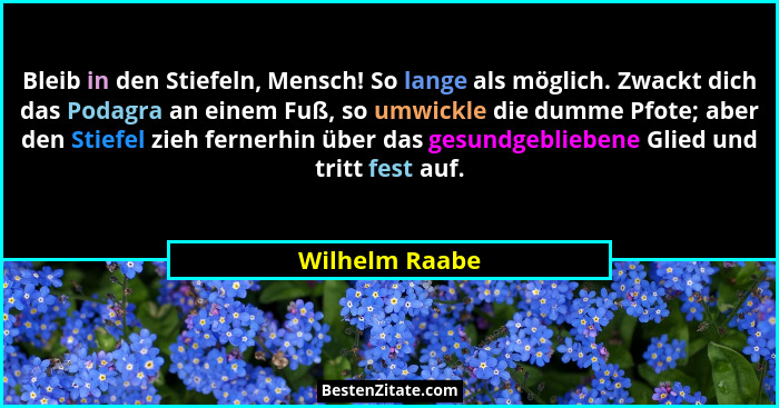 Bleib in den Stiefeln, Mensch! So lange als möglich. Zwackt dich das Podagra an einem Fuß, so umwickle die dumme Pfote; aber den Stief... - Wilhelm Raabe