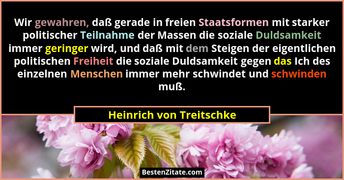 Wir gewahren, daß gerade in freien Staatsformen mit starker politischer Teilnahme der Massen die soziale Duldsamkeit immer g... - Heinrich von Treitschke