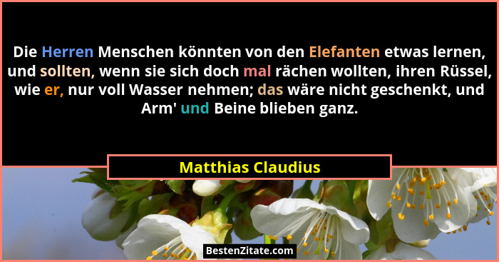 Die Herren Menschen könnten von den Elefanten etwas lernen, und sollten, wenn sie sich doch mal rächen wollten, ihren Rüssel, wie... - Matthias Claudius