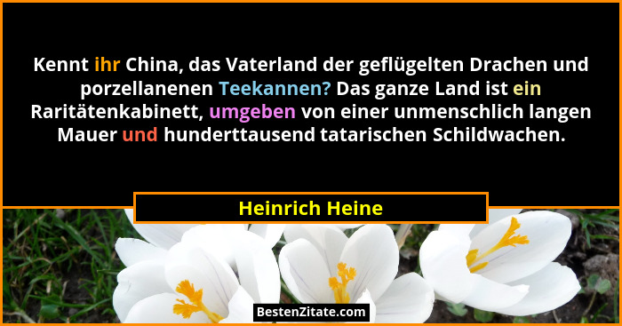 Kennt ihr China, das Vaterland der geflügelten Drachen und porzellanenen Teekannen? Das ganze Land ist ein Raritätenkabinett, umgeben... - Heinrich Heine
