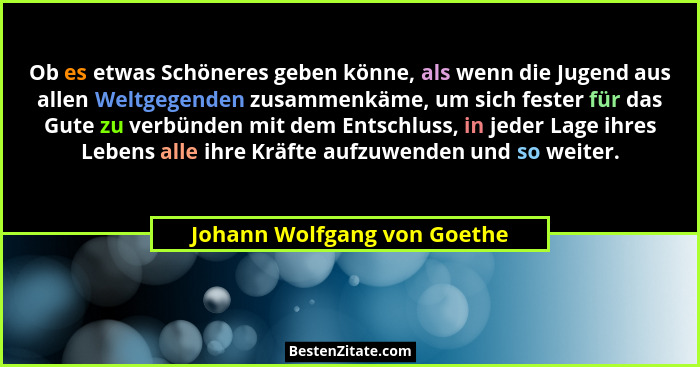 Ob es etwas Schöneres geben könne, als wenn die Jugend aus allen Weltgegenden zusammenkäme, um sich fester für das Gute z... - Johann Wolfgang von Goethe