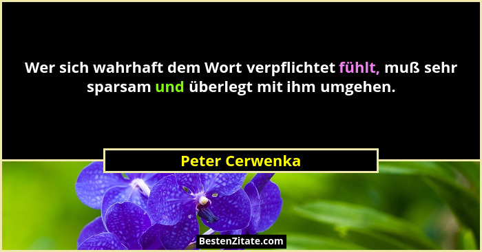 Wer sich wahrhaft dem Wort verpflichtet fühlt, muß sehr sparsam und überlegt mit ihm umgehen.... - Peter Cerwenka