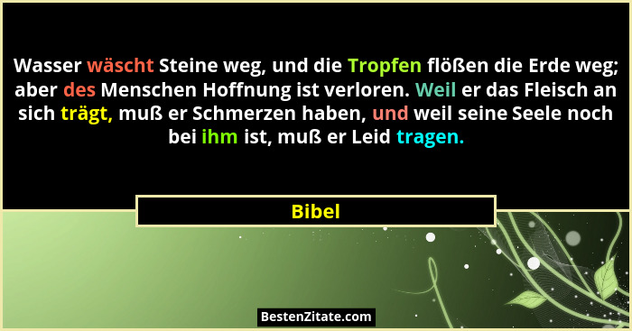 Wasser wäscht Steine weg, und die Tropfen flößen die Erde weg; aber des Menschen Hoffnung ist verloren. Weil er das Fleisch an sich trägt, muß... - Bibel