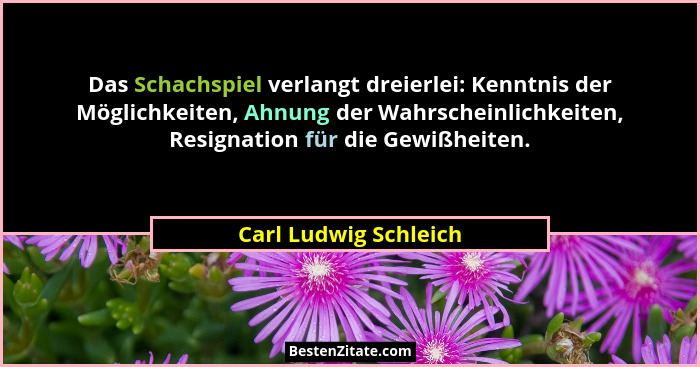 Das Schachspiel verlangt dreierlei: Kenntnis der Möglichkeiten, Ahnung der Wahrscheinlichkeiten, Resignation für die Gewißheite... - Carl Ludwig Schleich
