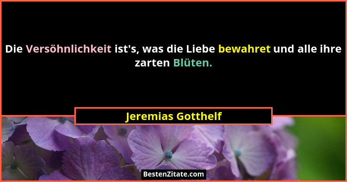 Die Versöhnlichkeit ist's, was die Liebe bewahret und alle ihre zarten Blüten.... - Jeremias Gotthelf