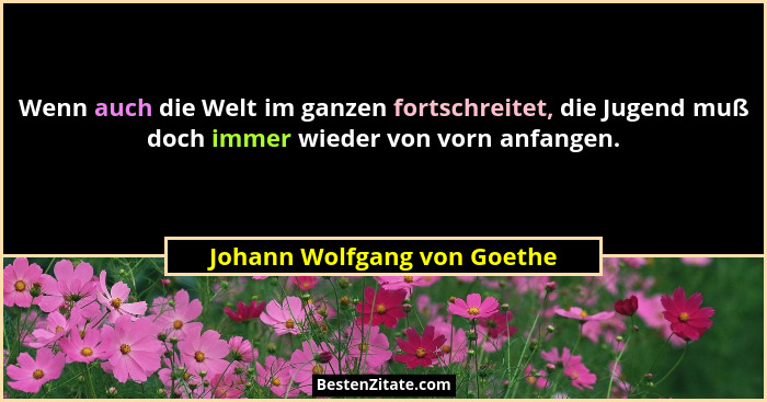 Wenn auch die Welt im ganzen fortschreitet, die Jugend muß doch immer wieder von vorn anfangen.... - Johann Wolfgang von Goethe