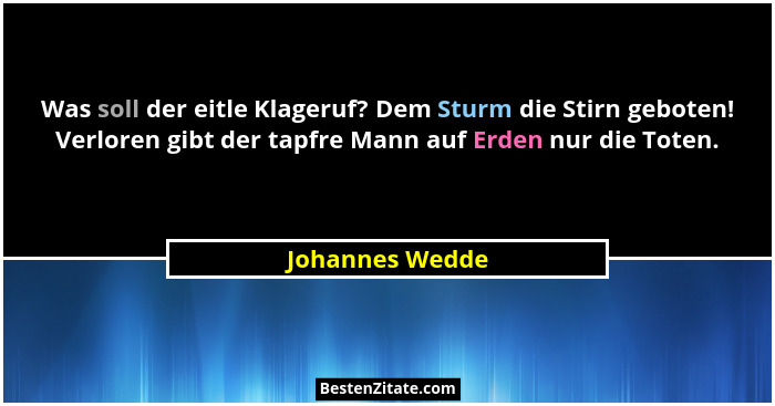 Was soll der eitle Klageruf? Dem Sturm die Stirn geboten! Verloren gibt der tapfre Mann auf Erden nur die Toten.... - Johannes Wedde
