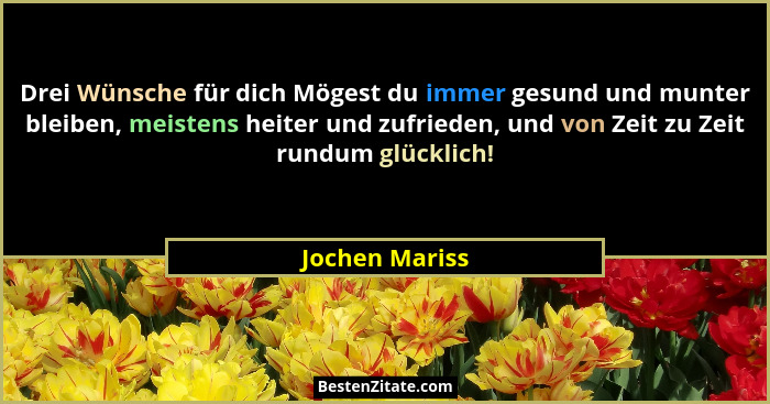 Drei Wünsche für dich Mögest du immer gesund und munter bleiben, meistens heiter und zufrieden, und von Zeit zu Zeit rundum glücklich!... - Jochen Mariss