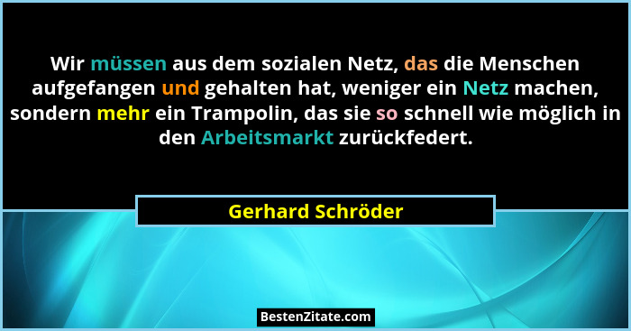 Wir müssen aus dem sozialen Netz, das die Menschen aufgefangen und gehalten hat, weniger ein Netz machen, sondern mehr ein Trampoli... - Gerhard Schröder