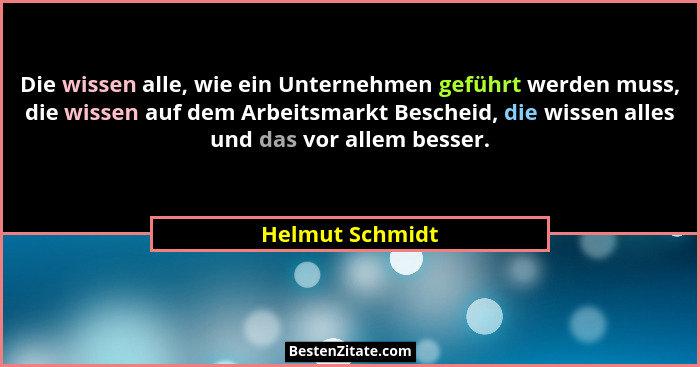 Die wissen alle, wie ein Unternehmen geführt werden muss, die wissen auf dem Arbeitsmarkt Bescheid, die wissen alles und das vor alle... - Helmut Schmidt