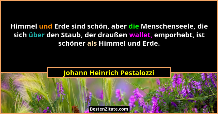 Himmel und Erde sind schön, aber die Menschenseele, die sich über den Staub, der draußen wallet, emporhebt, ist schöner a... - Johann Heinrich Pestalozzi