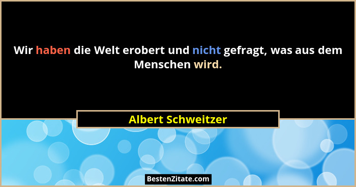 Wir haben die Welt erobert und nicht gefragt, was aus dem Menschen wird.... - Albert Schweitzer