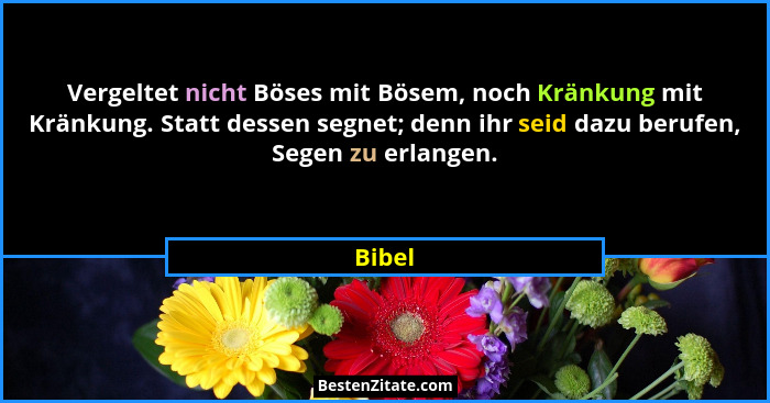Vergeltet nicht Böses mit Bösem, noch Kränkung mit Kränkung. Statt dessen segnet; denn ihr seid dazu berufen, Segen zu erlangen.... - Bibel