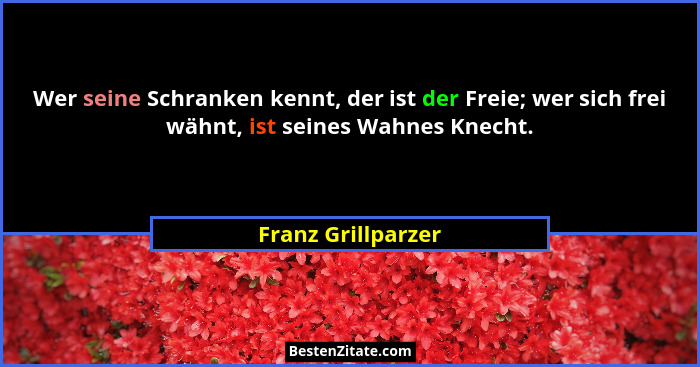 Wer seine Schranken kennt, der ist der Freie; wer sich frei wähnt, ist seines Wahnes Knecht.... - Franz Grillparzer