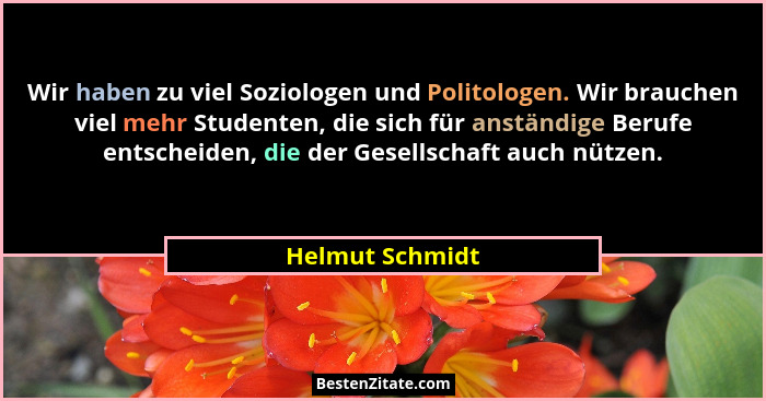 Wir haben zu viel Soziologen und Politologen. Wir brauchen viel mehr Studenten, die sich für anständige Berufe entscheiden, die der G... - Helmut Schmidt