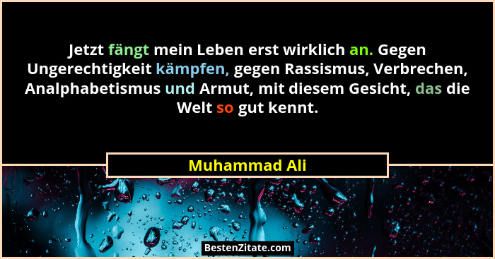 Jetzt fängt mein Leben erst wirklich an. Gegen Ungerechtigkeit kämpfen, gegen Rassismus, Verbrechen, Analphabetismus und Armut, mit die... - Muhammad Ali