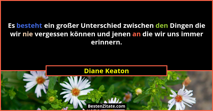 Es besteht ein großer Unterschied zwischen den Dingen die wir nie vergessen können und jenen an die wir uns immer erinnern.... - Diane Keaton