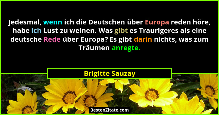Jedesmal, wenn ich die Deutschen über Europa reden höre, habe ich Lust zu weinen. Was gibt es Traurigeres als eine deutsche Rede übe... - Brigitte Sauzay
