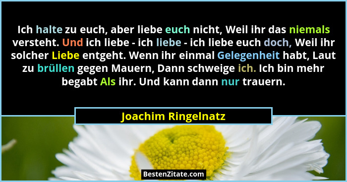 Ich halte zu euch, aber liebe euch nicht, Weil ihr das niemals versteht. Und ich liebe - ich liebe - ich liebe euch doch, Weil ih... - Joachim Ringelnatz