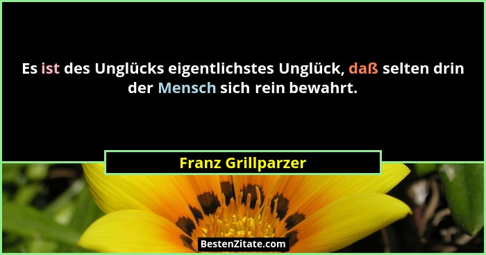 Es ist des Unglücks eigentlichstes Unglück, daß selten drin der Mensch sich rein bewahrt.... - Franz Grillparzer