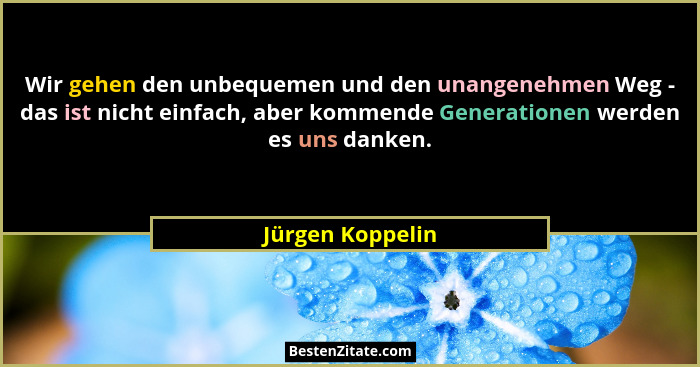 Wir gehen den unbequemen und den unangenehmen Weg - das ist nicht einfach, aber kommende Generationen werden es uns danken.... - Jürgen Koppelin