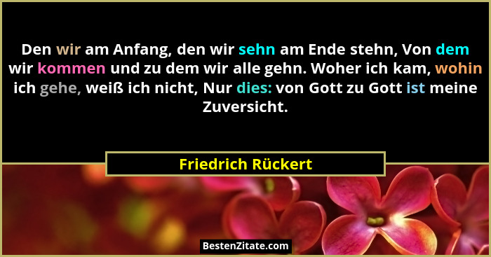 Den wir am Anfang, den wir sehn am Ende stehn, Von dem wir kommen und zu dem wir alle gehn. Woher ich kam, wohin ich gehe, weiß ic... - Friedrich Rückert