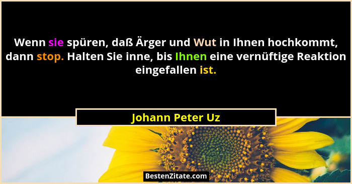 Wenn sie spüren, daß Ärger und Wut in Ihnen hochkommt, dann stop. Halten Sie inne, bis Ihnen eine vernüftige Reaktion eingefallen is... - Johann Peter Uz