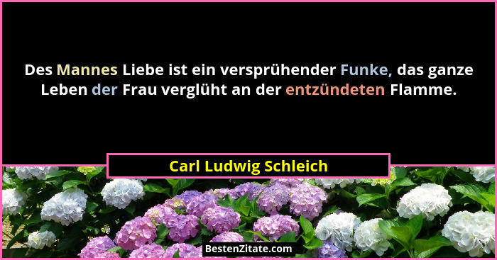 Des Mannes Liebe ist ein versprühender Funke, das ganze Leben der Frau verglüht an der entzündeten Flamme.... - Carl Ludwig Schleich