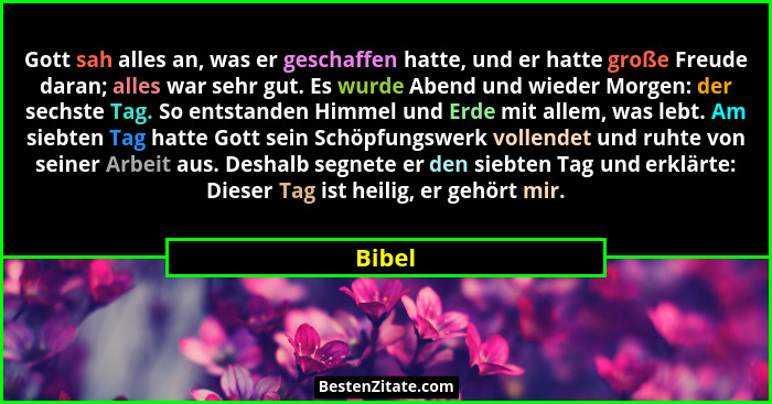 Gott sah alles an, was er geschaffen hatte, und er hatte große Freude daran; alles war sehr gut. Es wurde Abend und wieder Morgen: der sechste... - Bibel
