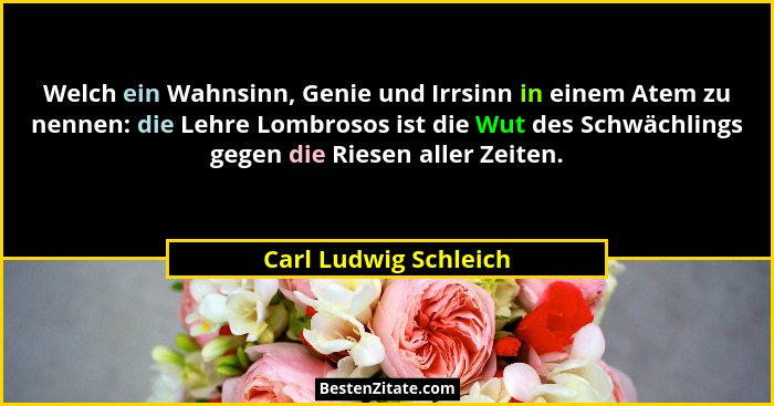 Welch ein Wahnsinn, Genie und Irrsinn in einem Atem zu nennen: die Lehre Lombrosos ist die Wut des Schwächlings gegen die Riese... - Carl Ludwig Schleich